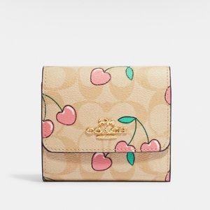 Small Trifold Wallet In Signature Canvas With Heart Cherry Print